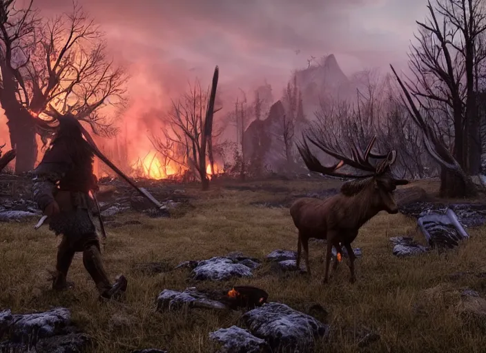 Image similar to a viking guiding a moose through an abandoned viking village, burnt huts, bodies on the ground, dramatic dramatic lighting, dawn, by caspar david friedrich, unreal engine 5