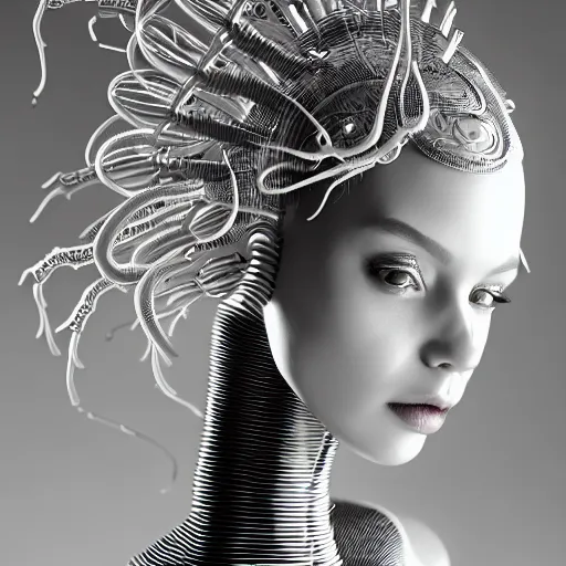 Image similar to closeup portrait of an absurdly beautiful, graceful, sophisticated, fashionable cyberpunk mechanoid gravure idol, ultrafine hyperdetailed illustration by irakli nadar, matt wisniewski style, marvel comics, intricate linework, porcelain skin, neon jellyfish headdress, ivory carved ruff, unreal engine 5 highly rendered, global illumination, radiant light, detailed and intricate environment