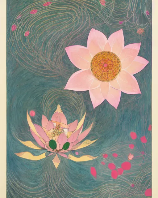 Prompt: blossoming lotus by hilma af klint, moebius, victo ngai, laurie greasly