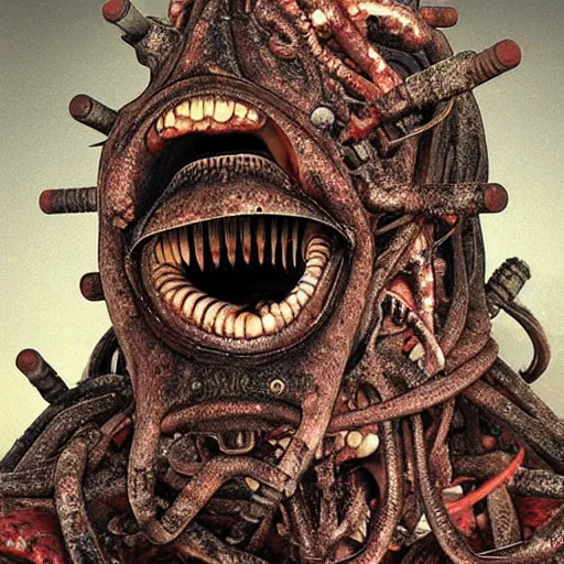 Prompt: a close up of an elongated machine made of teeth tongues and raw meat rust, in a factory, concept art by giger, cgsociety, assemblage, trypophobia, greeble, grotesque, biomechanical open mouth with tongues, industrial saliva ooze