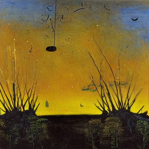 Image similar to goldenrod by sidney nolan weary. a mixed mediart of a group of flying islands, each with its own unique landscape, floating in the night sky. the islands are connected by a network of bridges. a small group of people can be seen walking along one of the bridges.