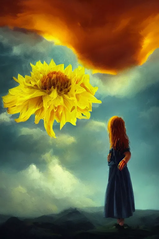 Image similar to closeup girl with huge yellow dahlia flower face, standing on mountain, surreal photography, blue storm clouds, dramatic light, impressionist painting, digital painting, artstation, simon stalenhag