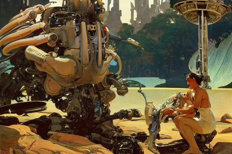 Image similar to natural landscape | robot repairing another robot, painting by syd mead and weta studio, alphonso mucha, james jean, frank frazetta, highly detailed, rule of third, soft lighting, 8 k resolution, oil on canvas, architectural magazine, beautiful detailed, insanely intricate details, artstation trending, hypermaximalistic, high details, cinematic