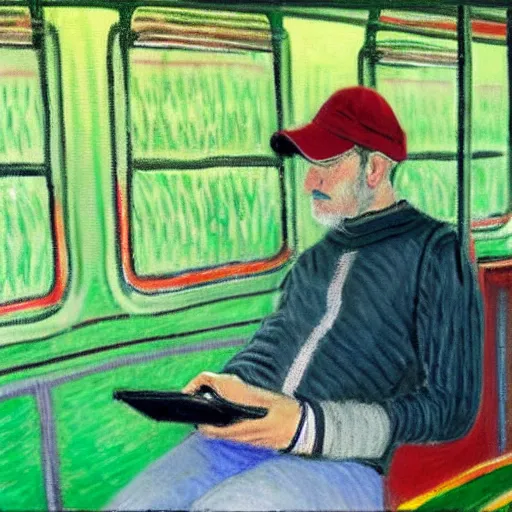 Image similar to guy with baseball hat and striped shirt siting in a bus and looking at his smartphone by monet