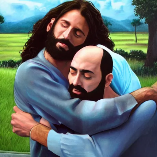 Prompt: jesus christ putting joel esteen in a headlock, high detail, photorealistic,