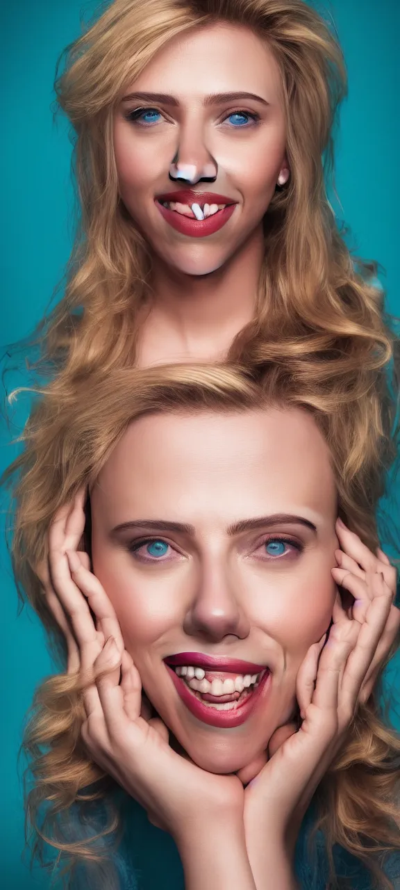 Prompt: portrait photo of smiling woman, photo of Scarlett Johansson:: symmetric face, symmetric eyes, slight smile, photo by Annie Leibovitz, 85mm, teal studio backdrop, Getty images