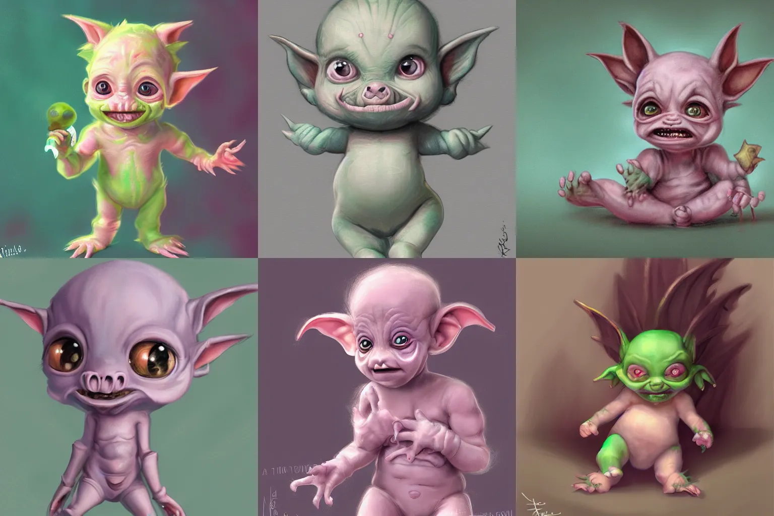 Prompt: an adorable baby pastel goblin in a diaper, fantasy art, trending on art station