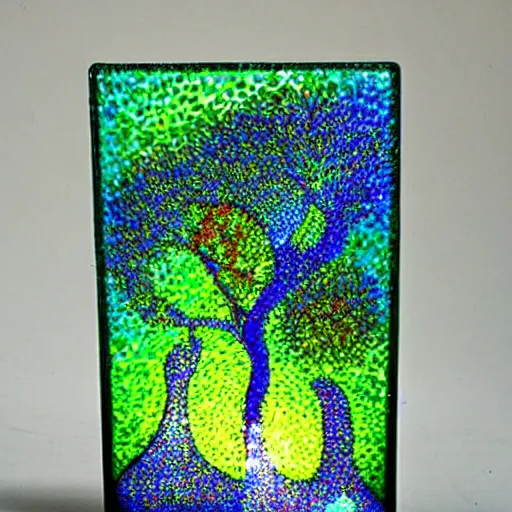 Prompt: Dichroic glass tree sculpture by Gaudi - beautiful pointilism painting