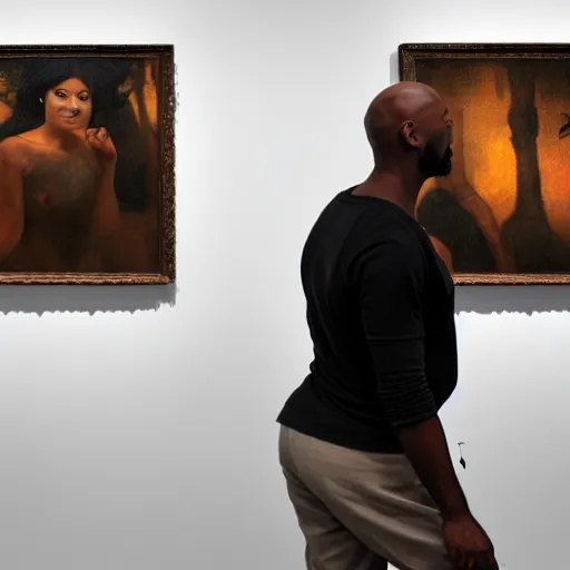 Prompt: a strikingly handsome bald african-american man with a goatee viewing contemporary artworks at the Hirshhorn museum, in the style of Johfra and Shaun Tan, By Ruan Jia and Artgerm and Range Murata and WLOP and Ross Tran and William-Adolphe Bouguereau and Beeple, Fantasy Illustration. octane render, award winning, Artstation, intricate details, realistic, Hyperdetailed, 8k resolution