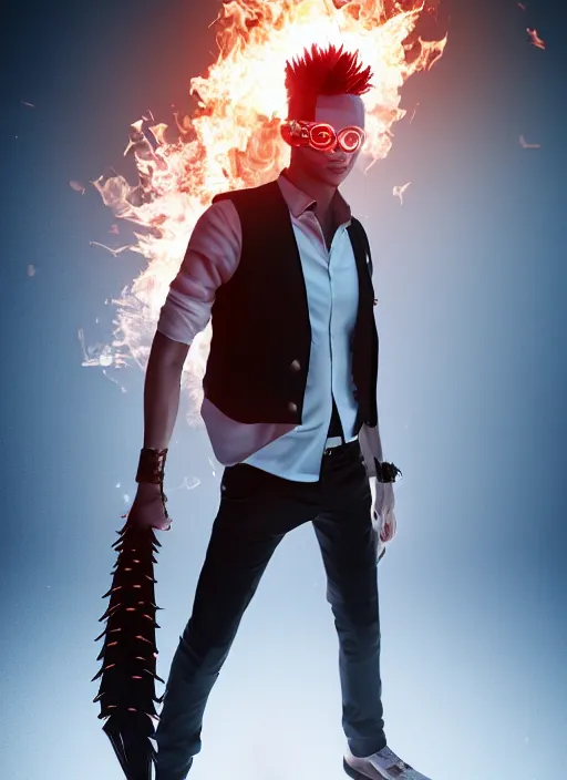 Prompt: young man with long red spiked hair. Blasting fire on his hands. Wearing a black waistcoat, white shirt, using googles. Unreal 5, DAZ, hyperrealistic, octane render, cosplay, RPG portrait, dynamic lighting