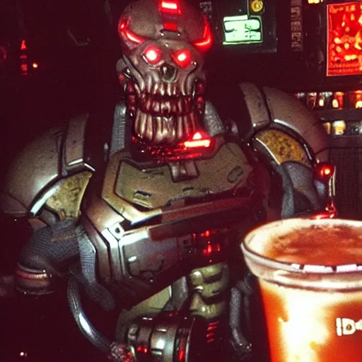 Prompt: doom slayer from doom eternal drinking beer in a bar, photography, 9 0 s