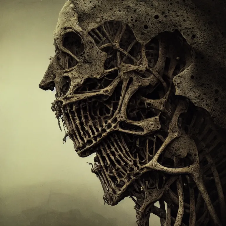 Prompt: ribbed spinal robot face portrait, baroque painting, standing in a desolate empty wasteland, creepy, nightmare, dream-like heavy atmosphere, surreal abandoned buildings, beautiful detailed intricate insanely detailed octane render, 8K artistic photography, photorealistic, chiaroscuro, Raphael, Caravaggio, Beksinski, Giger