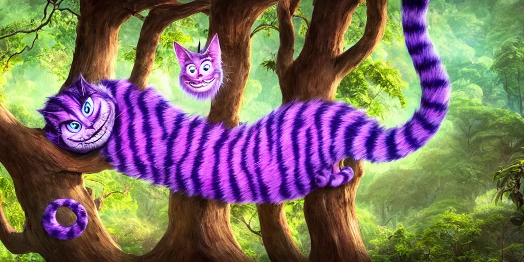 Prompt: The Cheshire Cat hanging in a tree, Alice in wonderland, colorful, wide angle, super highly detailed, professional digital painting, artstation, concept art, smooth, sharp focus, no blur, no dof, extreme illustration, Unreal Engine 5, Photorealism, HD quality, 8k resolution, cinema 4d, 3D, beautiful, cinematic, art by artgerm and greg rutkowski and alphonse mucha and loish and WLOP