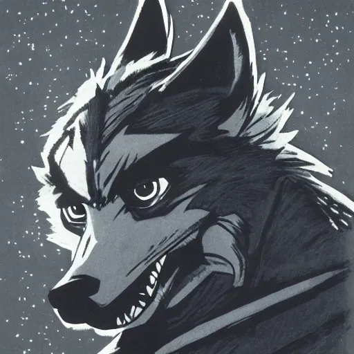 Image similar to 1 9 8 0 s video game art of anthropomorphic wolf o'donnell from starfox fursona furry wolf in a dark space mercenary uniform, looking heroic, magazine scan, 8 0 s game box art, dark grey wolf o'donnell