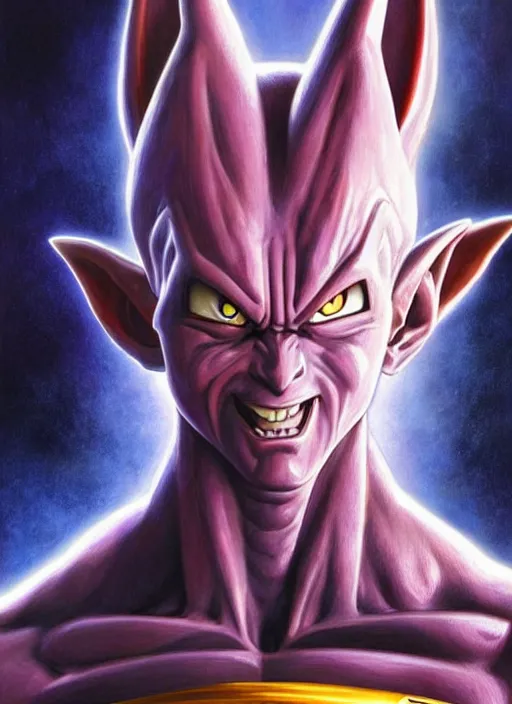 Image similar to a epic portrait of beerus from dragon ball z, art by boris vallejo and greg danton and denys tsiperko, detailed, hyperrealism, artstation