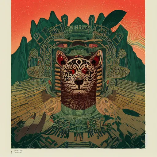 Image similar to illustration of mayan jaguar warrior, resolved, showing conviction or humor by a gloomy silence or reserve, by studio multi and victo ngai, malika favre, william s burroughs, cut up film