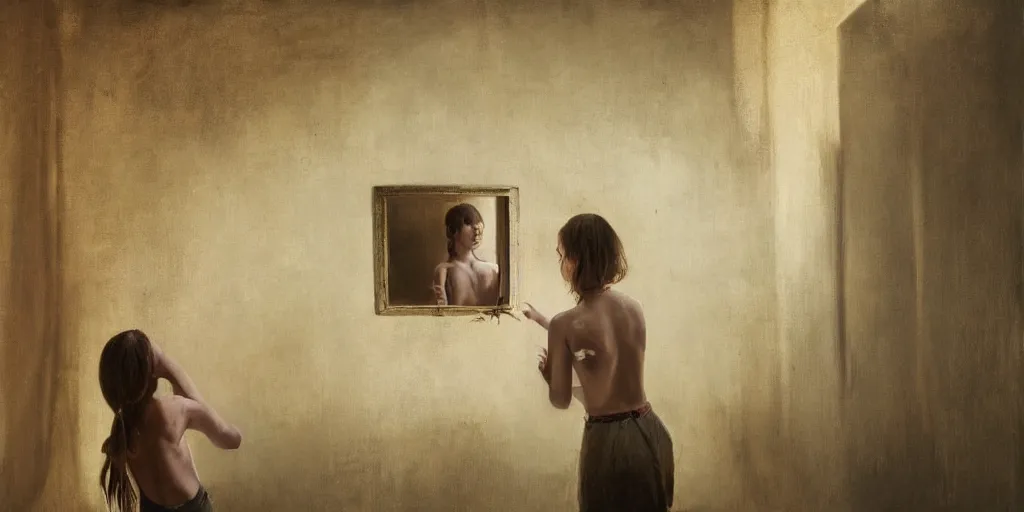 Image similar to painting of a girl looking at a mirror in an abandoned cabin, the mirror reflects thousands of nightmares. by theodore gericault, realistic oil painting, 4 k, studio lightning, award winning