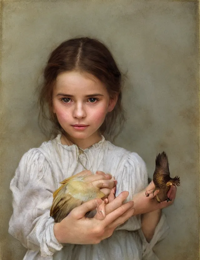 Image similar to portrait of little peasant girl holding bird in her hands, cottage core, cinematic focus, polaroid photo bleached vintage pastel colors high - key lighting, soft lights, foggy, by steve hanks, by lisa yuskavage, by serov valentin, by tarkovsky, 8 k render, detailed, oil on canvas