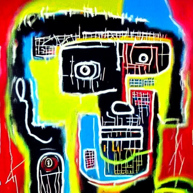 Image similar to a beautiful painting cyberpunk robot jean michel basquiat face, by salvador dali realistic oil painting