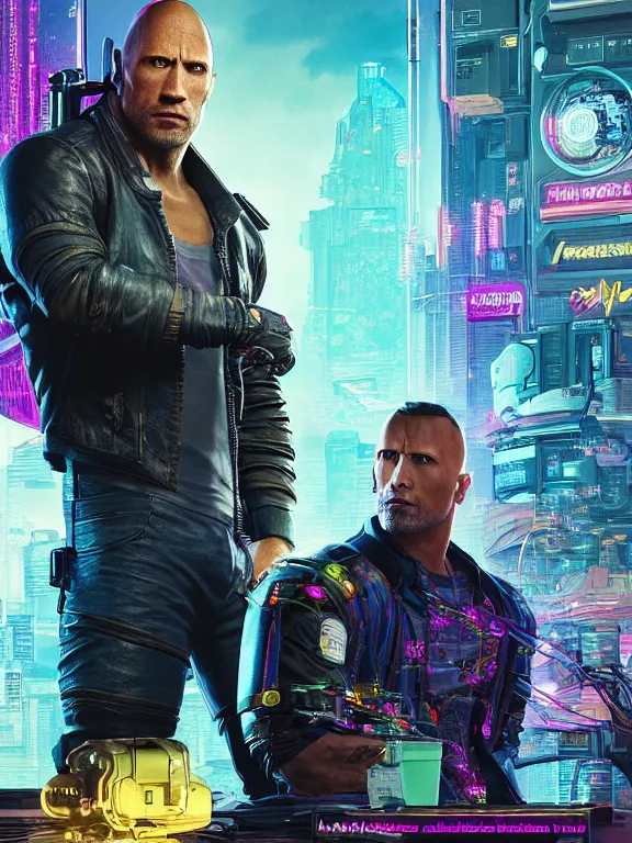Prompt: a cyberpunk 2077 portrait of Dwayne Johnson holding a female android,love moive pose,complex mess of cables and wires behind them connected to giant computer,film lighting,by laurie greasley,Lawrence Alma-Tadema,William Morris,Dan Mumford, trending on atrstation,full of color,face enhance,sharp focus, highly detailed,8K, octane,golden ratio,cinematic lighting