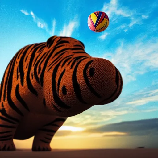 Image similar to a closeup photorealistic photograph of a cute smiling knitted tiger hippopotamus chasing a beachball at sunset. surf in the background. professional capture. this 4 k hd image is trending on artstation, featured on behance, well - rendered, extra crisp, features intricate detail, epic composition and the style of unreal engine.