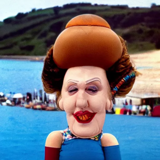 Image similar to middle aged woman with an inflatable toy head on top of her head wearing a dress at the seaside 1976 French film archival footage technicolor film expired film 16mm new wave John Waters