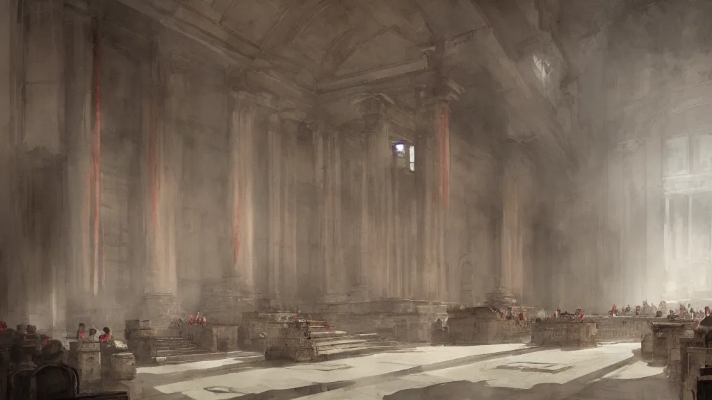 Prompt: interior of roman senate, watercolored, jakub rozalski, dark colours, dieselpunk, artstation