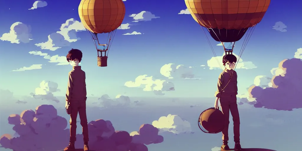 Prompt: 3 d portrait of a boy with an aviator helmet and goggles standing at the helm of a multidimensional steampunk hot air balloon by ilya kuvshinov, cloudy sky background lush landscape ln illustration concept art anime key visual trending pixiv by victo ngai fanbox by greg rutkowski makoto shinkai takashi takeuchi studio ghibli