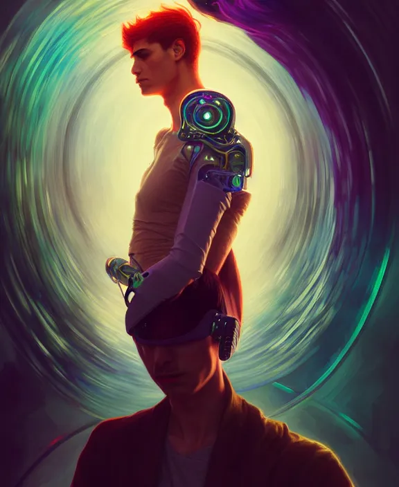 Image similar to a whirlwind inside the metaverse, guy, male, man, hologram, half body, neurochip, android, cyborg, cyberpunk face, by loish, d & d, fantasy, intricate, elegant, highly detailed, colorful, digital painting, artstation, concept art, art by artgerm and greg rutkowski and alphonse mucha