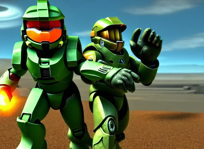 Image similar to marioand masterchief!!!!!!! in 3 d video game screenshot!!! from the new master chief video game mario halo master chief