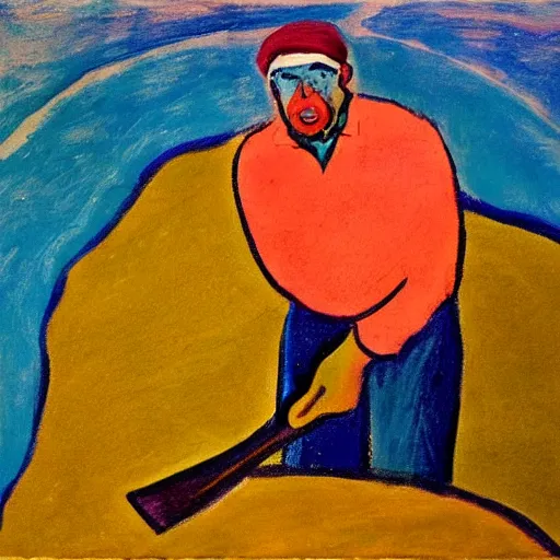 Image similar to a fauvist painting of a man deep in a hole with a shovel, after sunset,