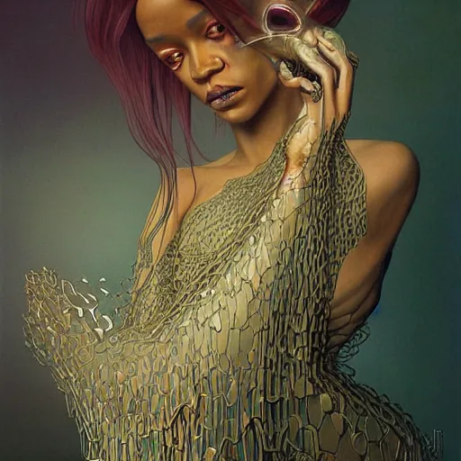 Image similar to rihanna by zdzisław beksinski, iris van herpen, raymond swanland and alphonse mucha. highly detailed, hyper - real, beautiful