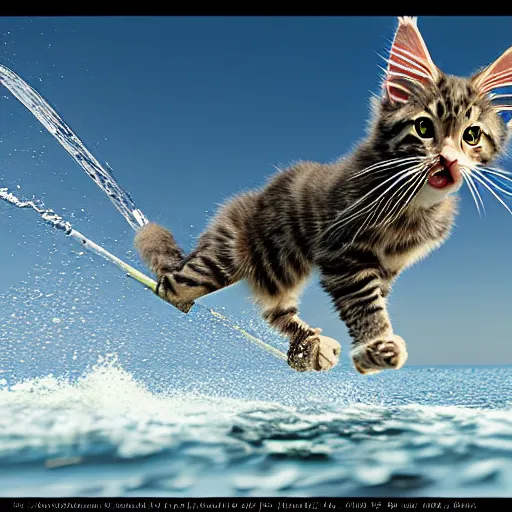 Prompt: Anthromorphic Maine coon kitten is a Water skiing champion, action shot. At south beach FL. 3D render