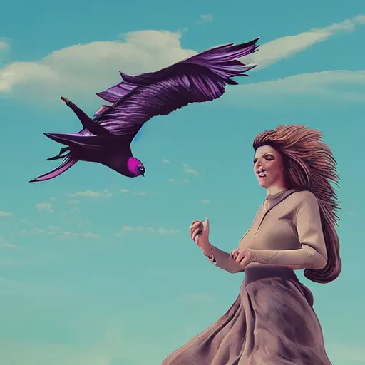 Image similar to Digital art of a woman riding a giant pigeon in the sky