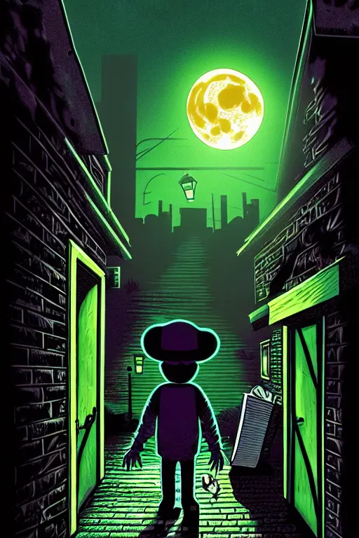 Image similar to a photorealistic vintage goosebumps cover art style illustration of a monster coming out of a garbage can in a dark alley way at night with moonlight casting shadows.