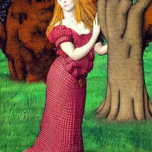 Prompt: interesting maximalist elaborate full body portrait of a beautiful medieval girl next to a tree, in the style of Caravaggio, kawase hasui and paul klee. seen from the long distance. mixed media, vibrant 3d textures, natural shiny colours. amazing fashion of Vivienne Westwood. HD 8x no frame