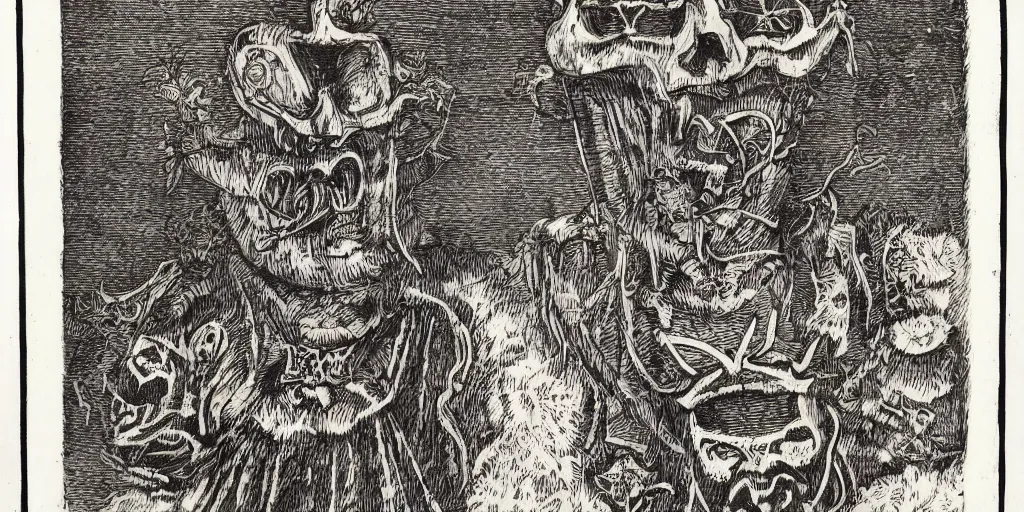 Image similar to scan of book with wood engravings of tyrolean folklore masks, scary dark, dark ink, old paper