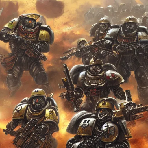 Prompt: warhammer 4 0 k astra militarum soldiers during a battle, trending on devianart concept art, smoth, illustration, highly detailed