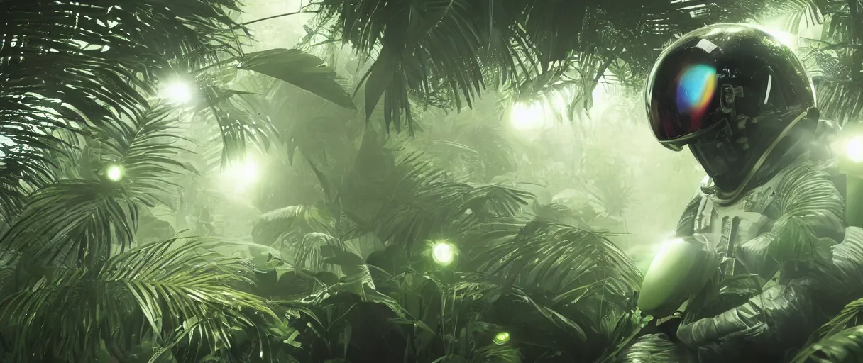 Prompt: portrait close - up shot, of space astronaut flying inside tropical jungle with palm leaves, small fog and gloomy green lights, highly detailed science fiction illustration by jeremy geddes. photorealistic, octane render, hyper detailed, 8 k, movie still, artstation, unreal engine,