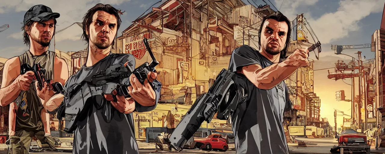 Image similar to full body of Raelsan (Orelsan) in the center of image of GTA V loading screen illustration in the style of Stephen Bliss, centered, uncrop, uncropped Orelsan very detailed GTA illustration from Stephen Bliss, full body Orelsan trending on artstation, Orelsan trending on deviantart, symmetrical face Orelsan, GTA V, Orelsan