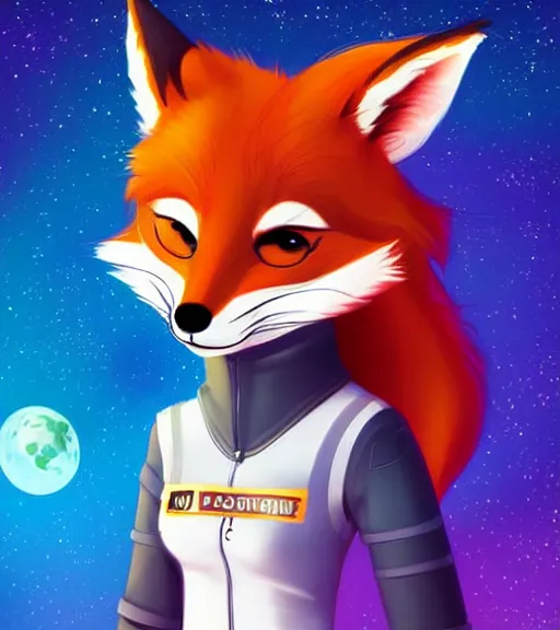 Image similar to digital detailed art of furry female fox, in style of zootopia, fursona, furry, furaffinity, deviantart, wearing astronaut outfit, floating in space, space background, hyena fursona, cyberpunk, detailed face, style of artgerm,