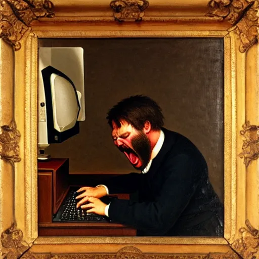 Image similar to an angry man yells at his computer monitor, oil on canvas, 1 8 8 3, highly detailed