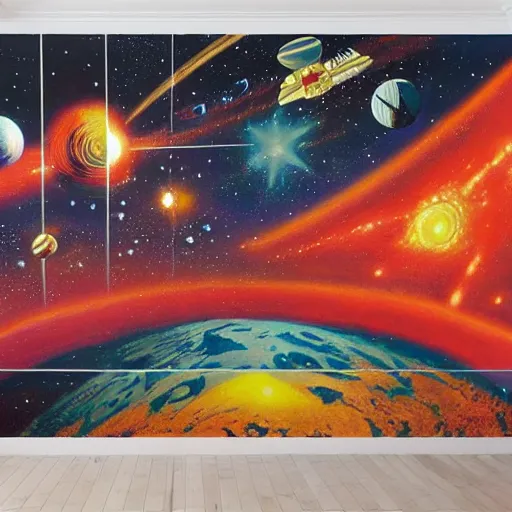 Image similar to rough texture, tempera, starburst background, astronauts and space colonies, utopian, by david a. hardy, wpa, public works mural, socialist, propaganda