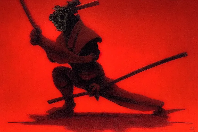 Image similar to only with red, a red samurai do seppuku, tokio, a lot of frogs watch, in the style of beksinski, parts by edward hopper, parts by rodcenko, parts by yue minjun, intricate and epic composition, red by caravaggio, insanely quality, highly detailed, masterpiece, red light, artstation, 4 k