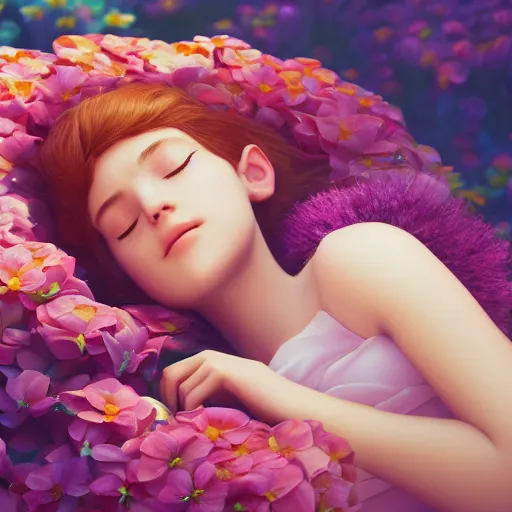 Prompt: girl sleeping on a big flower, illustrated painting, incredible details, highly detailed, photorealistic, disney pixar, smooth, octane render, iridescent, 8 k