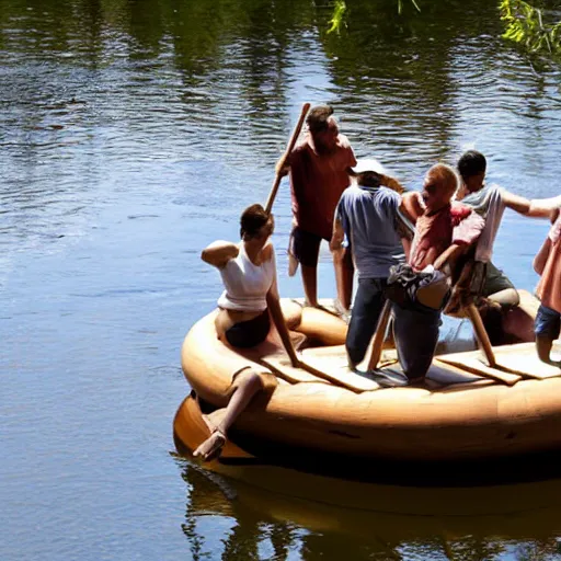 Prompt: four people on a wooden raft