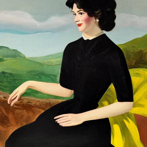 Prompt: a close up of a young woman from the fifties, seated in front of a landscape background, her black hair is a long curly, she wears a dark green dress, pleated in the front with yellow sleeves, puts her right hand on her left hand, oil painting