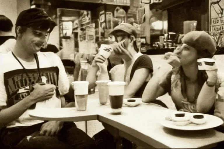 Image similar to pepe the frogs drinking coffee in a cafe, 8 0 s style, cinematographic photo