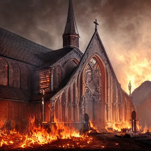 Image similar to hyperrealistic photograph of the norway churches burned to the ground, fire, giant bones, dim volumetric lighting, octane beautifully detailed render, extremely hyper detailed, intricate, epic composition, cinematic lighting, masterpiece, trending on artstation, very detailed, stunning, hdr, smooth, sharp focus, high resolution, award, winning photo