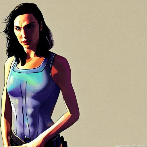 Prompt: gal gadot in gta v loading screen, cover art by stephen bliss, artstation, no text